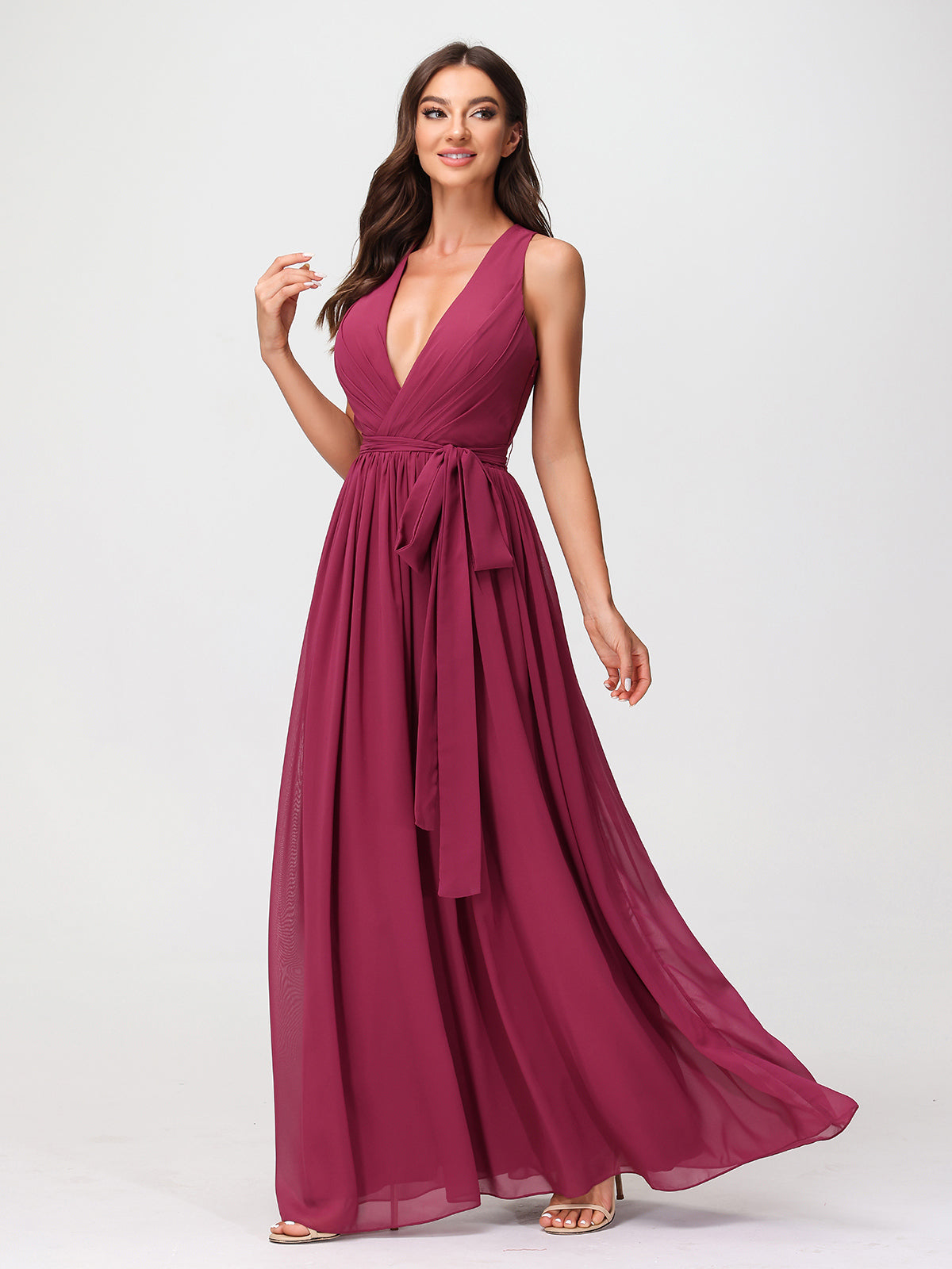 Deep V Neckline Chiffon Dress with Sash Bow Mulberry