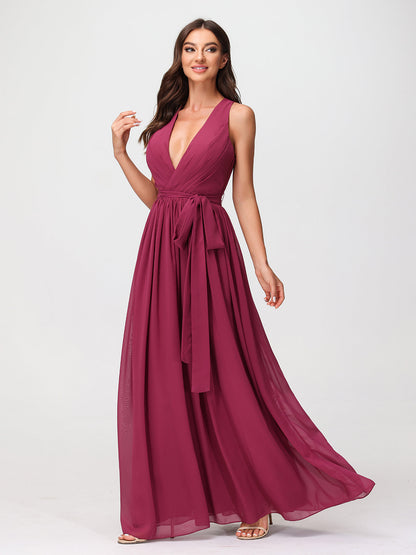 Deep V Neckline Chiffon Dress with Sash Bow Mulberry