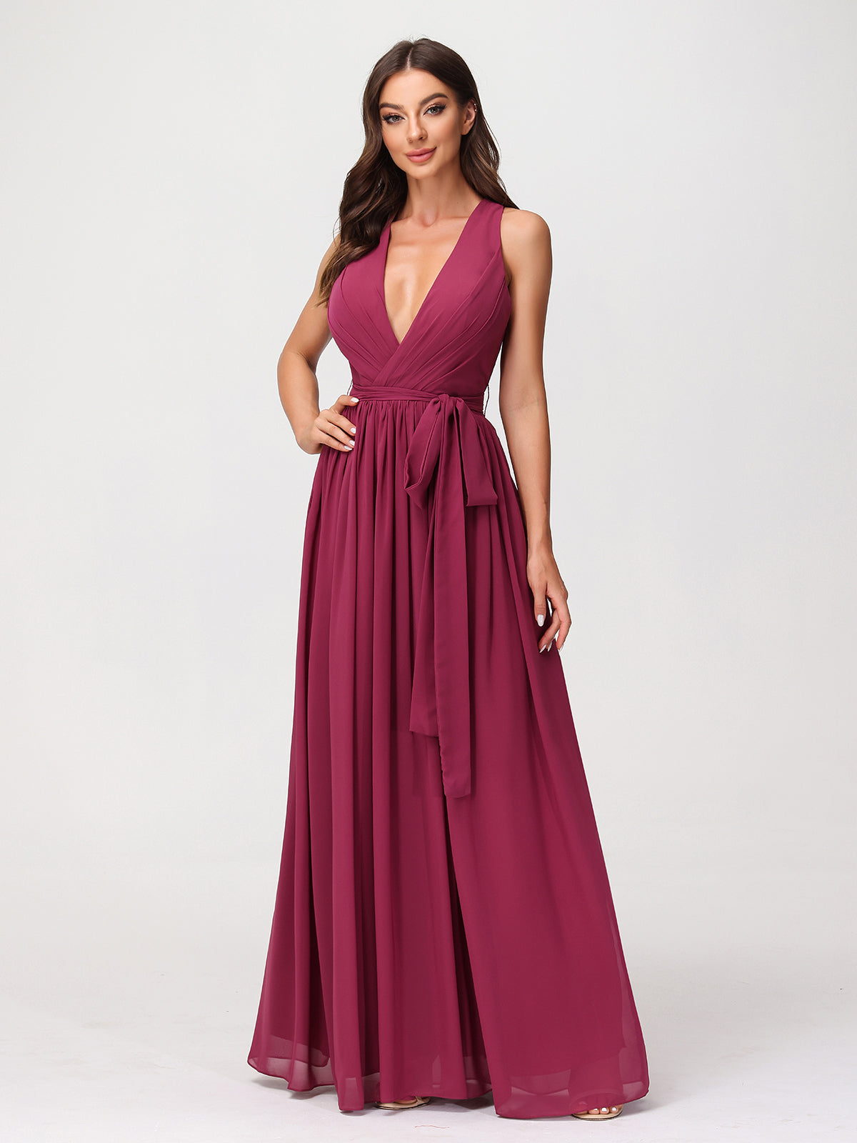 Deep V Neckline Chiffon Dress with Sash Bow Mulberry