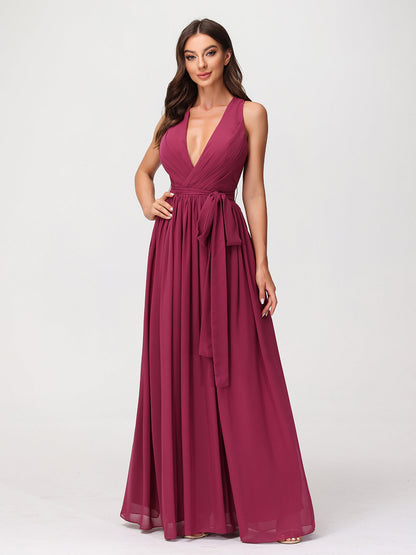Deep V Neckline Chiffon Dress with Sash Bow Mulberry