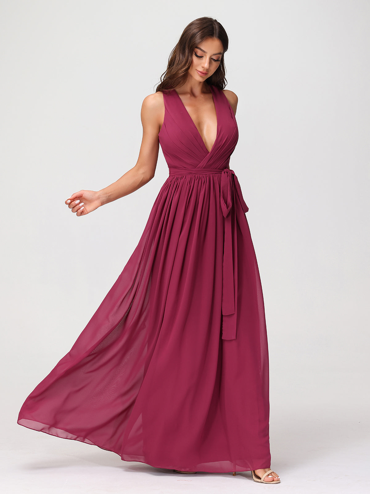Deep V Neckline Chiffon Dress with Sash Bow Mulberry