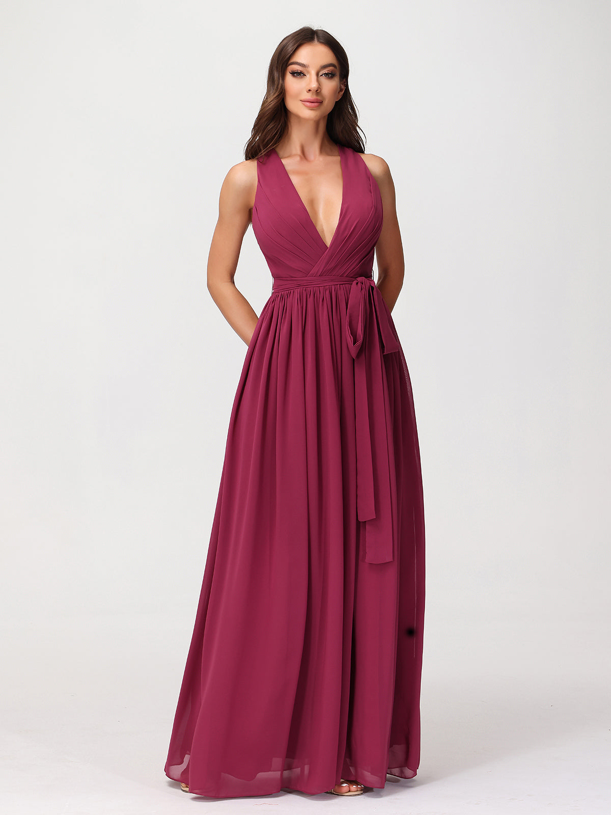 Deep V Neckline Chiffon Dress with Sash Bow Mulberry