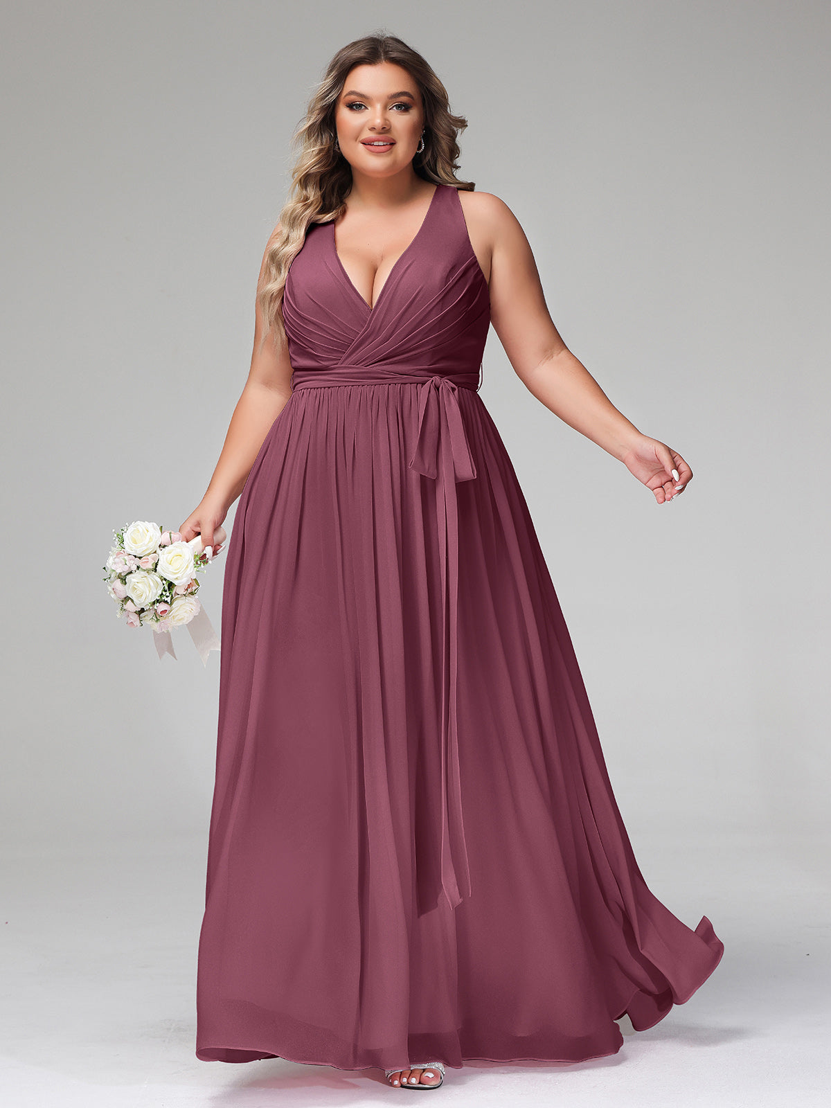 Deep V Neckline Chiffon Dress with Sash Bow Mulberry