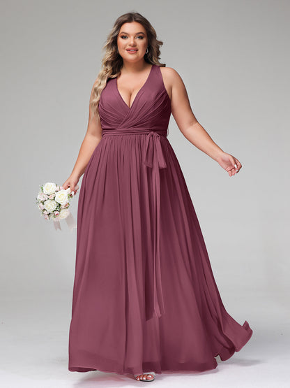 Deep V Neckline Chiffon Dress with Sash Bow Mulberry