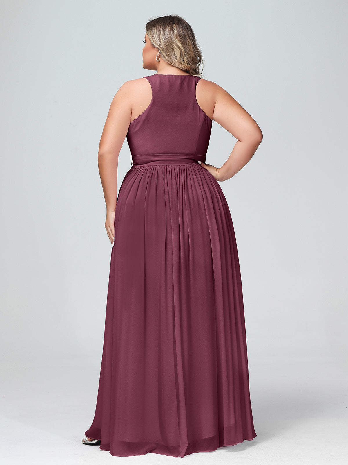 Deep V Neckline Chiffon Dress with Sash Bow Mulberry