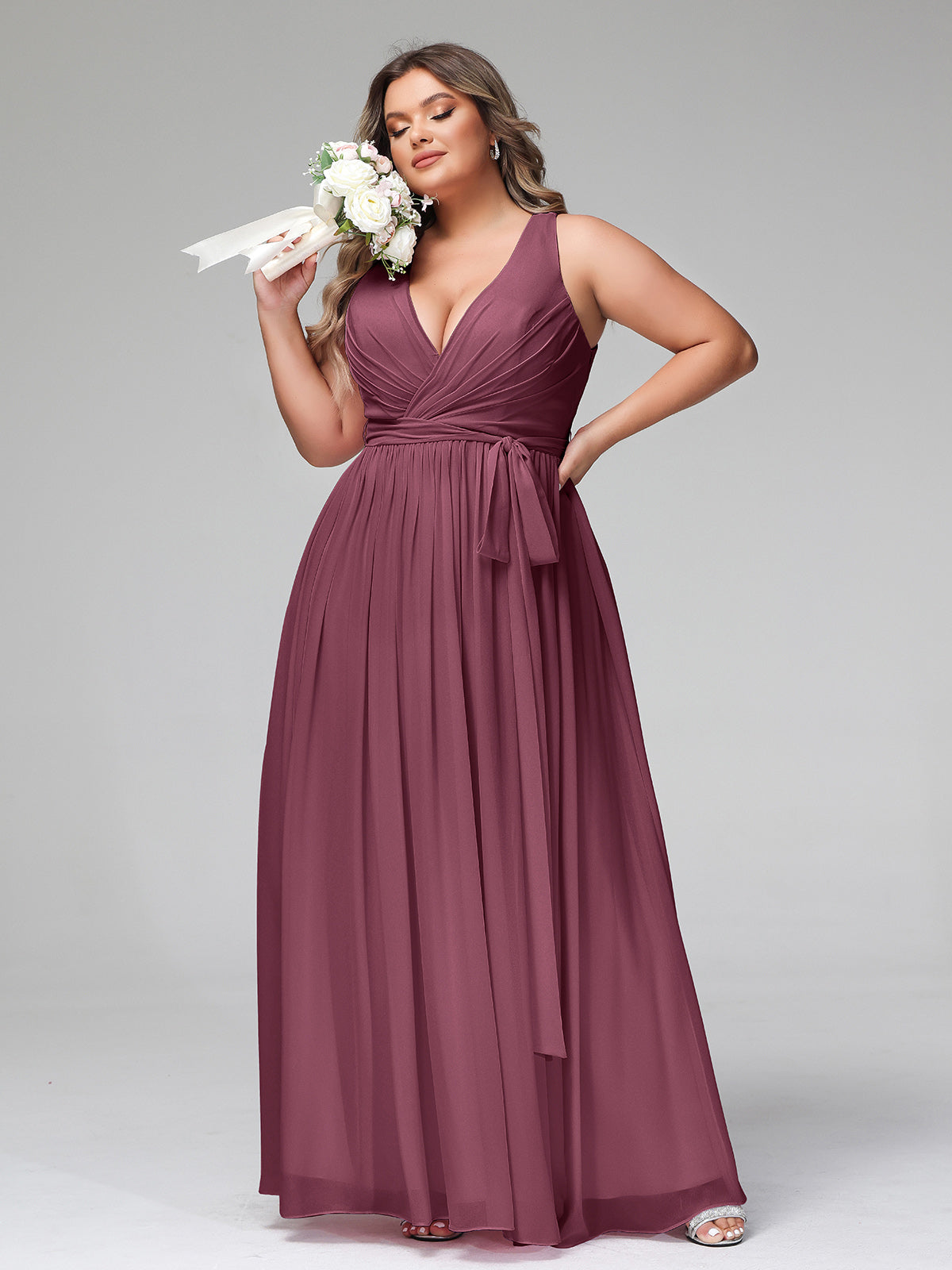 Deep V Neckline Chiffon Dress with Sash Bow Mulberry