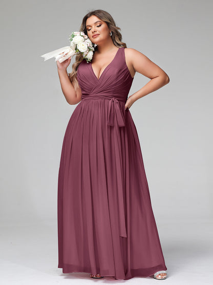 Deep V Neckline Chiffon Dress with Sash Bow Mulberry