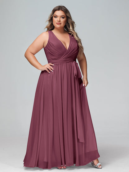 Deep V Neckline Chiffon Dress with Sash Bow Mulberry