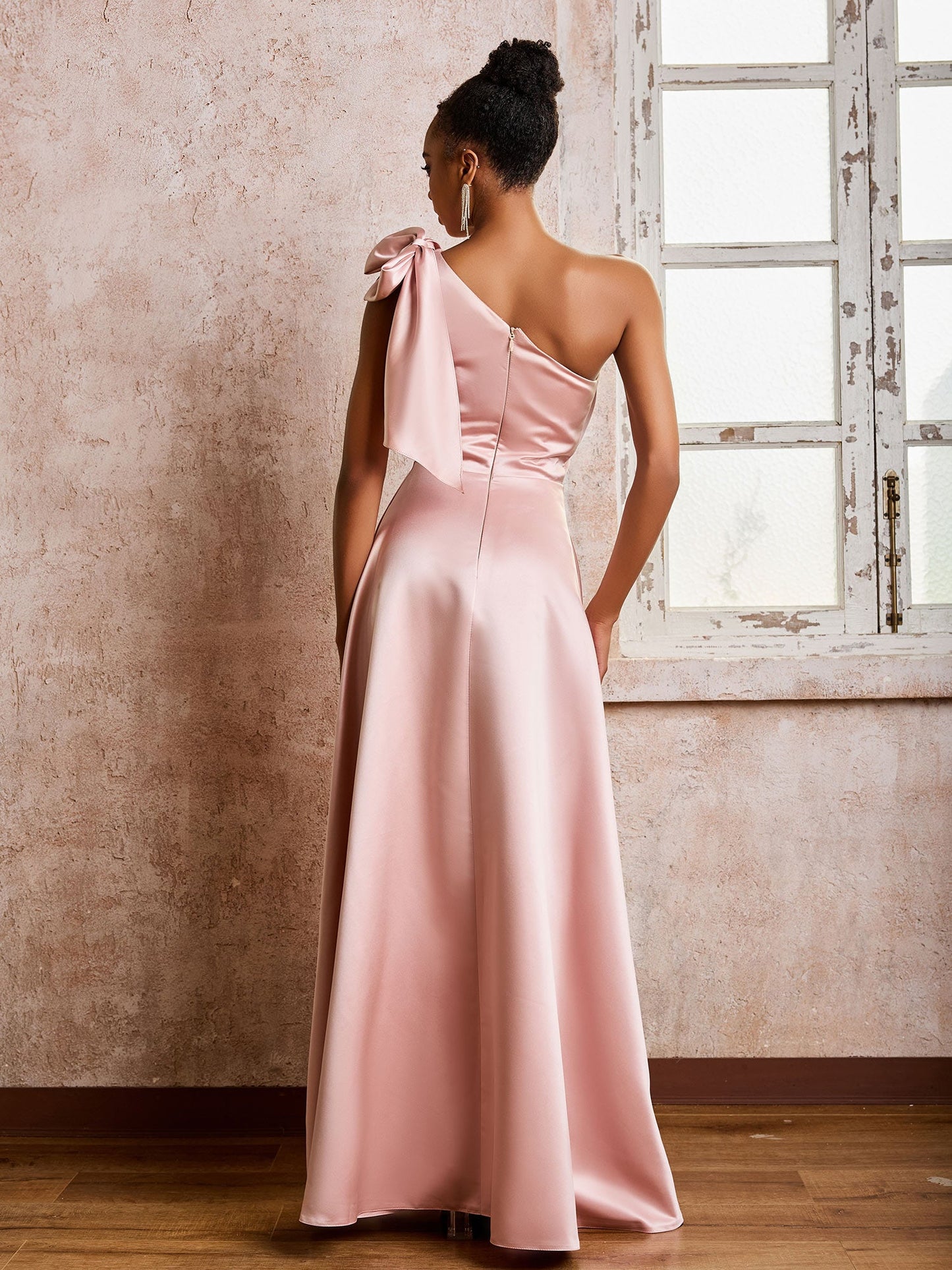 Bowed One Shoulder A-line Dresses With Front Slit Dusty Rose