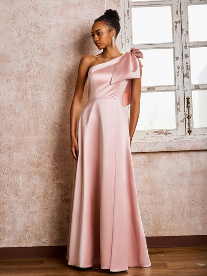 Bowed One Shoulder A-line Dresses With Front Slit Dusty Rose