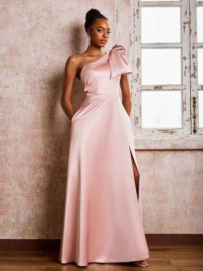 Bowed One Shoulder A-line Dresses With Front Slit Dusty Rose