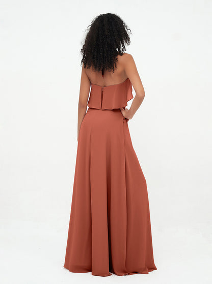 Halter Strap Chiffon Long Bridesmaid Dresses Rust