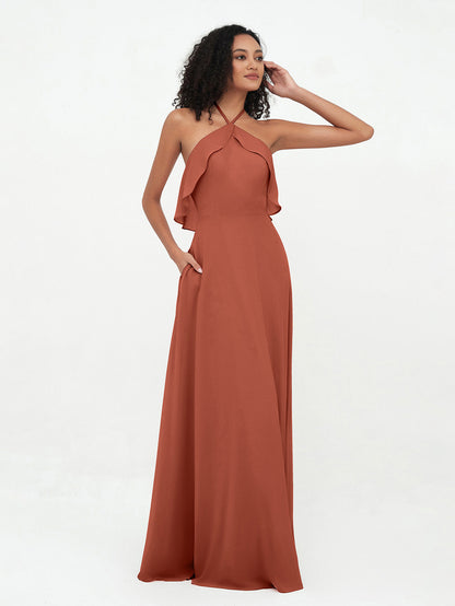 Halter Strap Chiffon Long Bridesmaid Dresses Rust