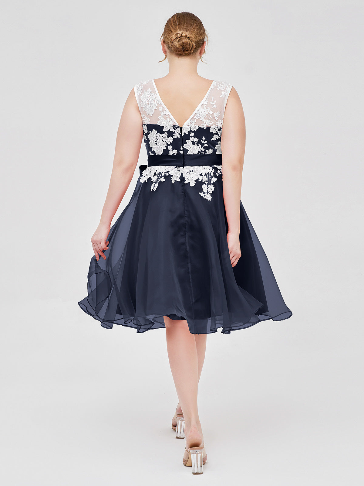 Illusion Neck Organza with Ivory Lace Appliqued Dark Navy