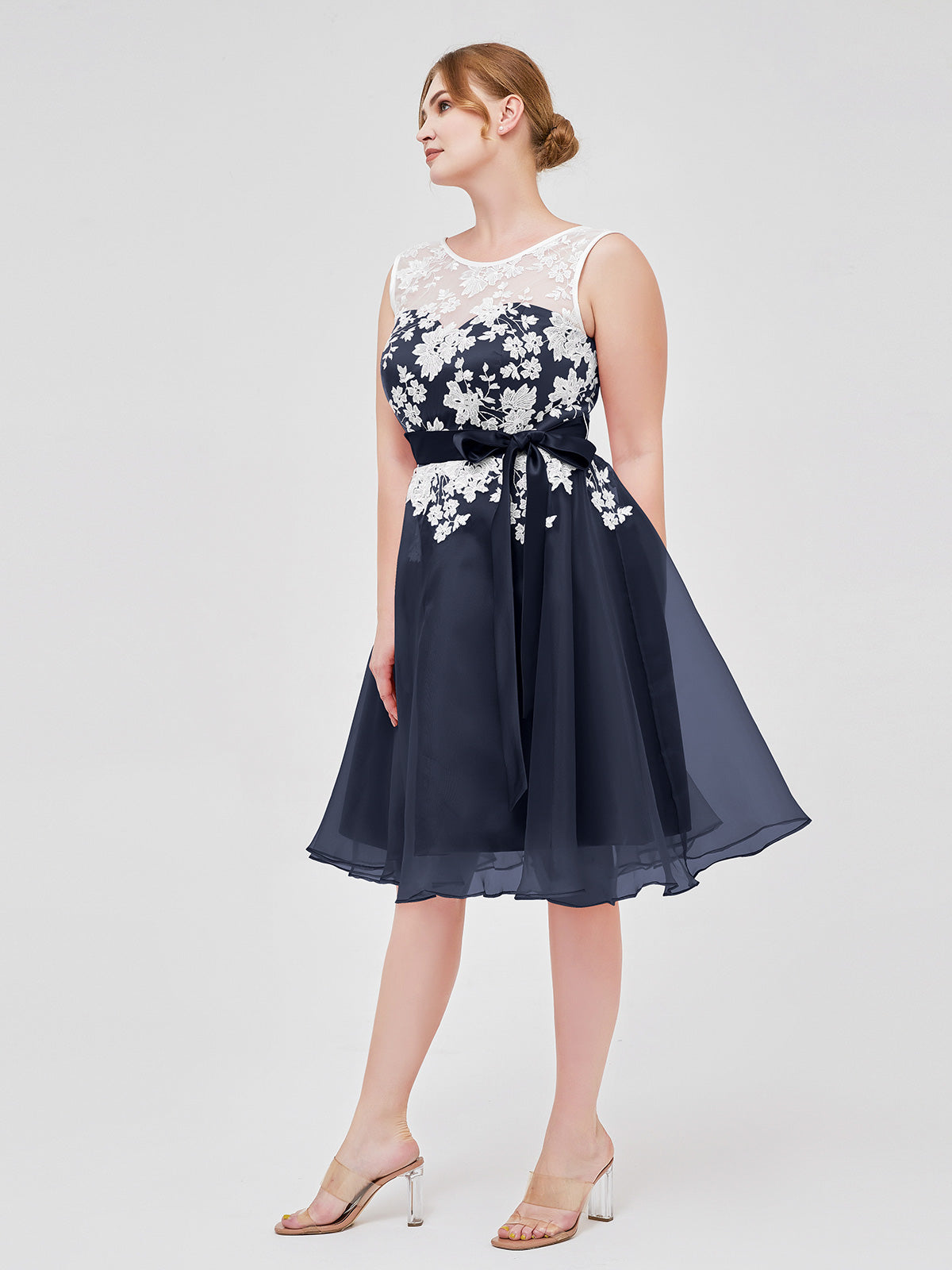 Illusion Neck Organza with Ivory Lace Appliqued Dark Navy Plus Size