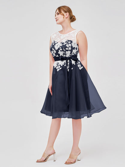 Illusion Neck Organza with Ivory Lace Appliqued Dark Navy Plus Size