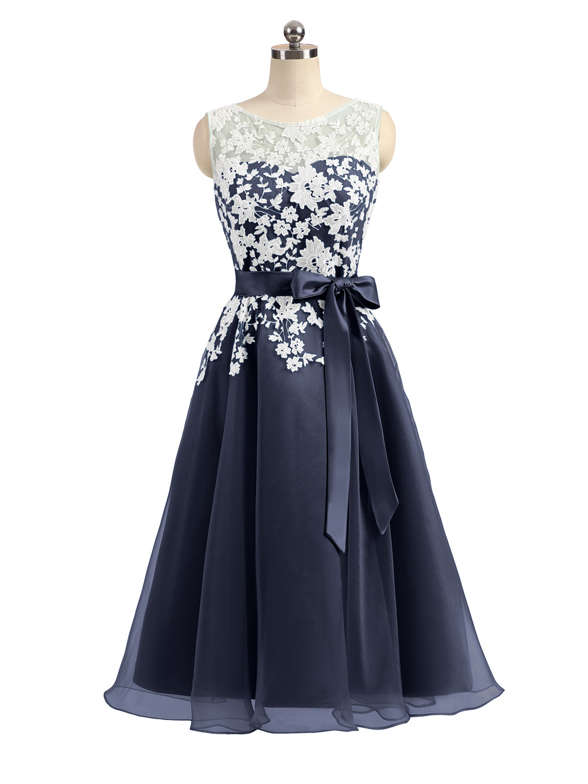 Illusion Neck Organza with Ivory Lace Appliqued Dark Navy Plus Size