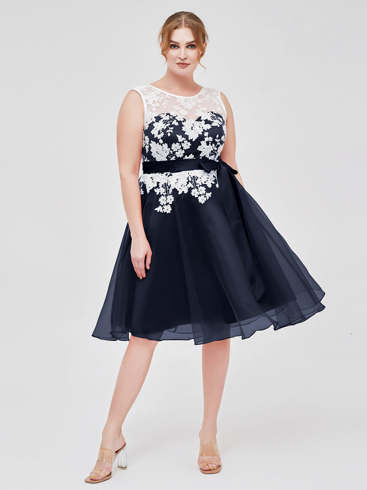 Illusion Neck Organza with Ivory Lace Appliqued Dark Navy Plus Size