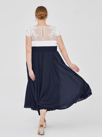 V Neck Chiffon Dress with Ivory Appliqued Bodice Dark Navy