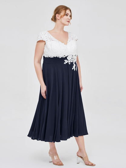 V Neck Chiffon Dress with Ivory Appliqued Bodice Dark Navy