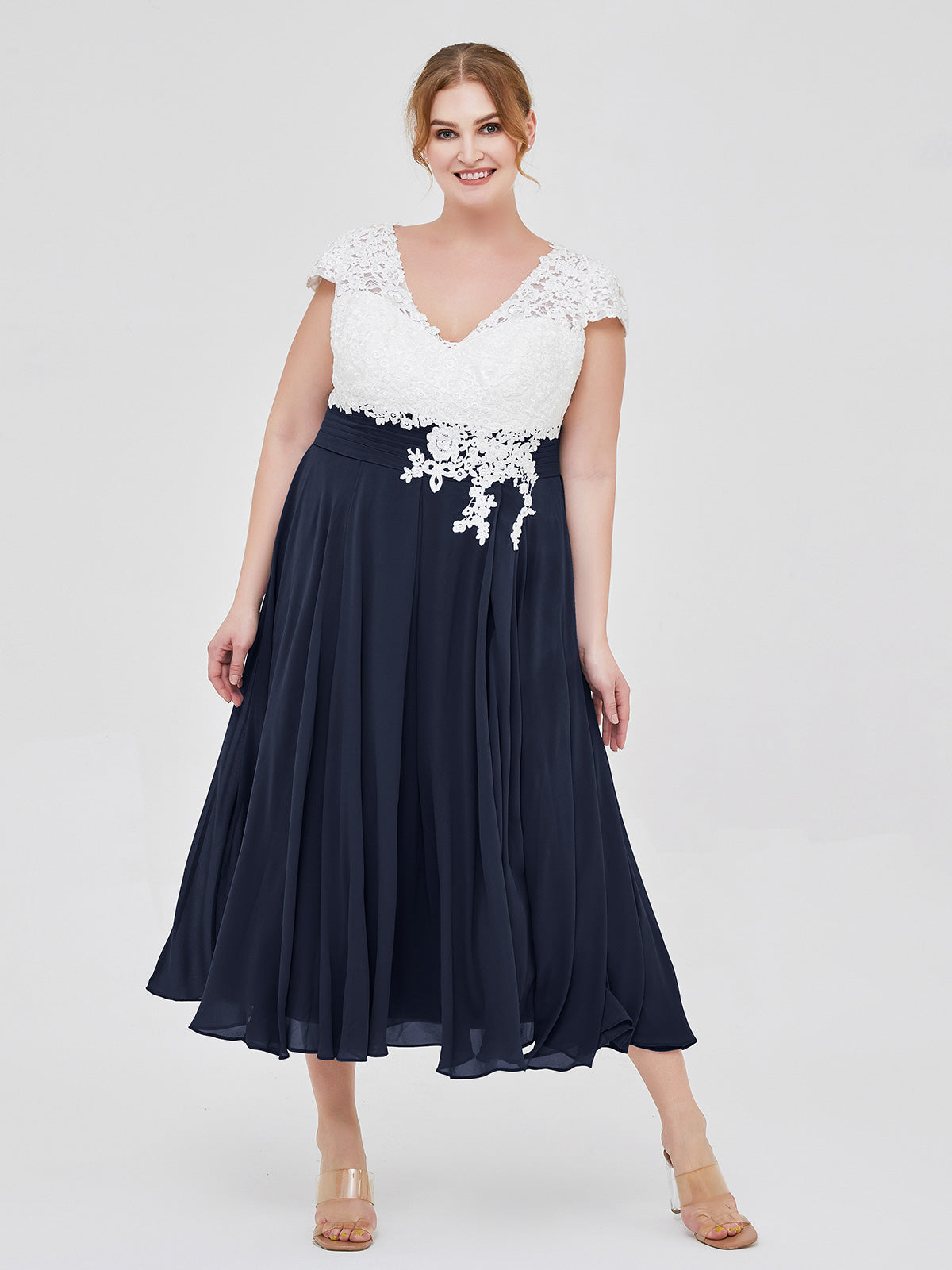 V Neck Chiffon Dress with Ivory Appliqued Bodice Dark Navy