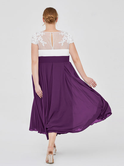 V Neck Chiffon Dress with Ivory Appliqued Bodice Grape