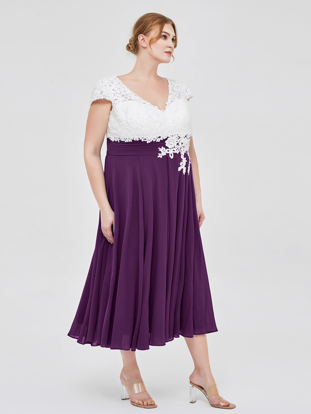 V Neck Chiffon Dress with Ivory Appliqued Bodice Grape
