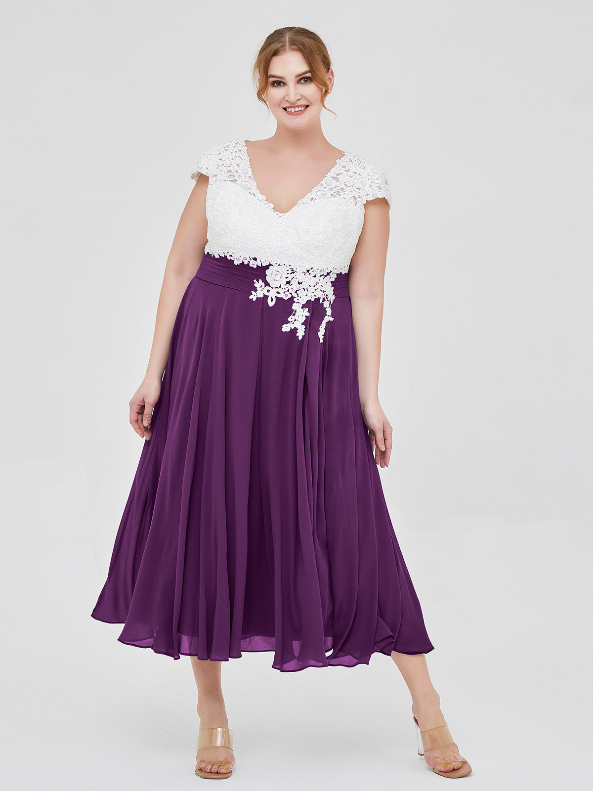 V Neck Chiffon Dress with Ivory Appliqued Bodice Grape