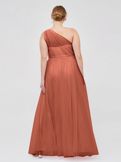 One Shoulder Mesh Wedding Party Bridesmaid Gown Rust