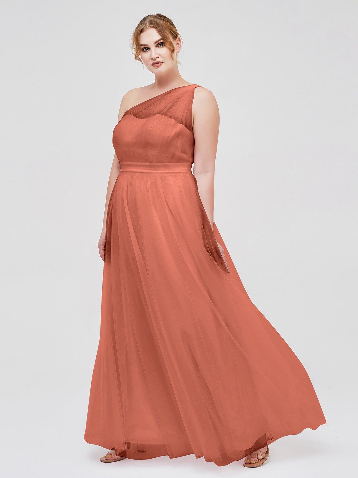One Shoulder Mesh Wedding Party Bridesmaid Gown Rust