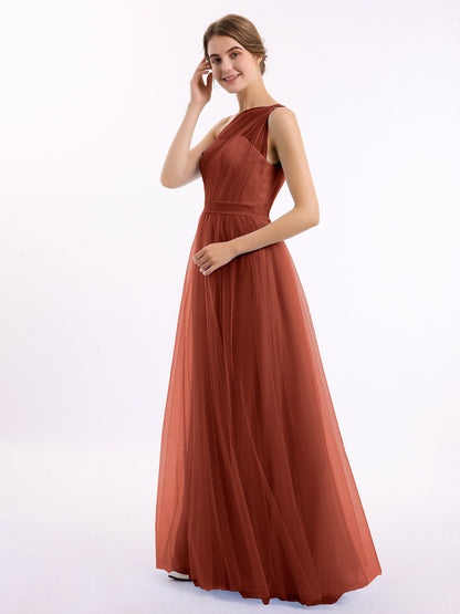 One Shoulder Mesh Wedding Party Bridesmaid Gown Rust