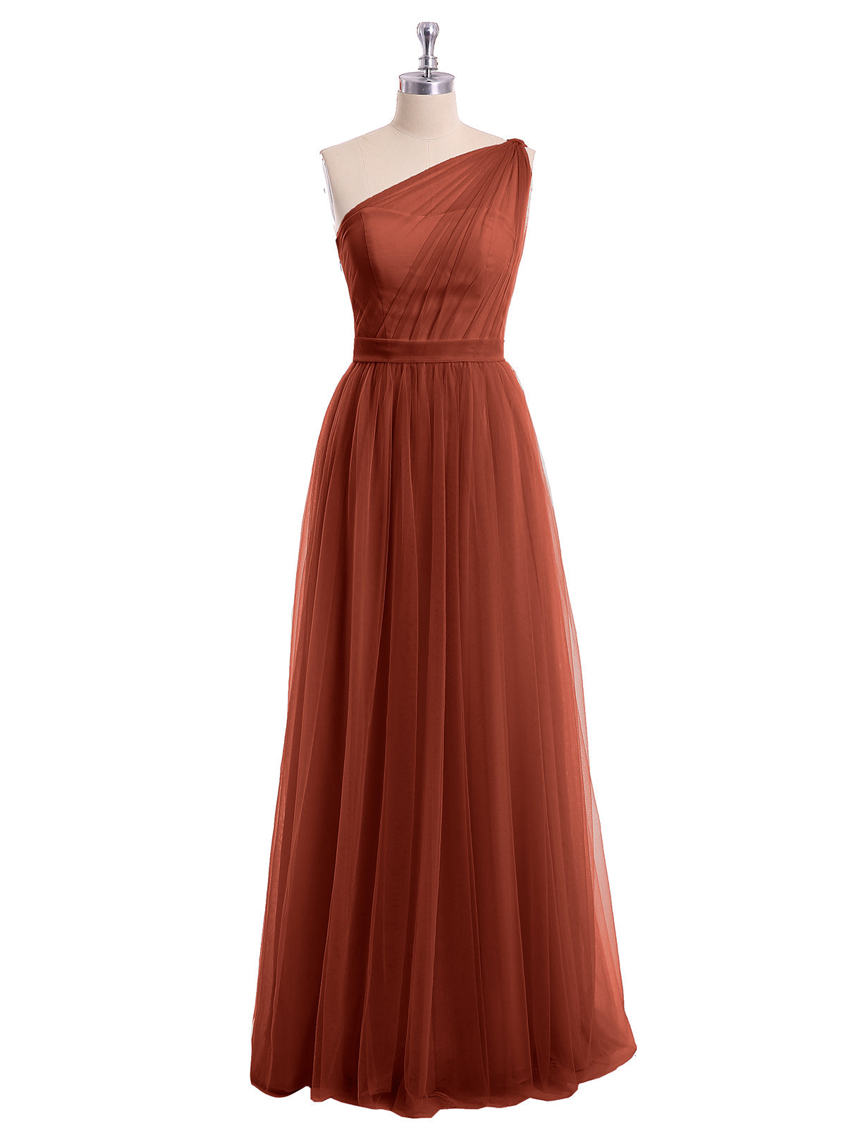 One Shoulder Mesh Wedding Party Bridesmaid Gown Rust