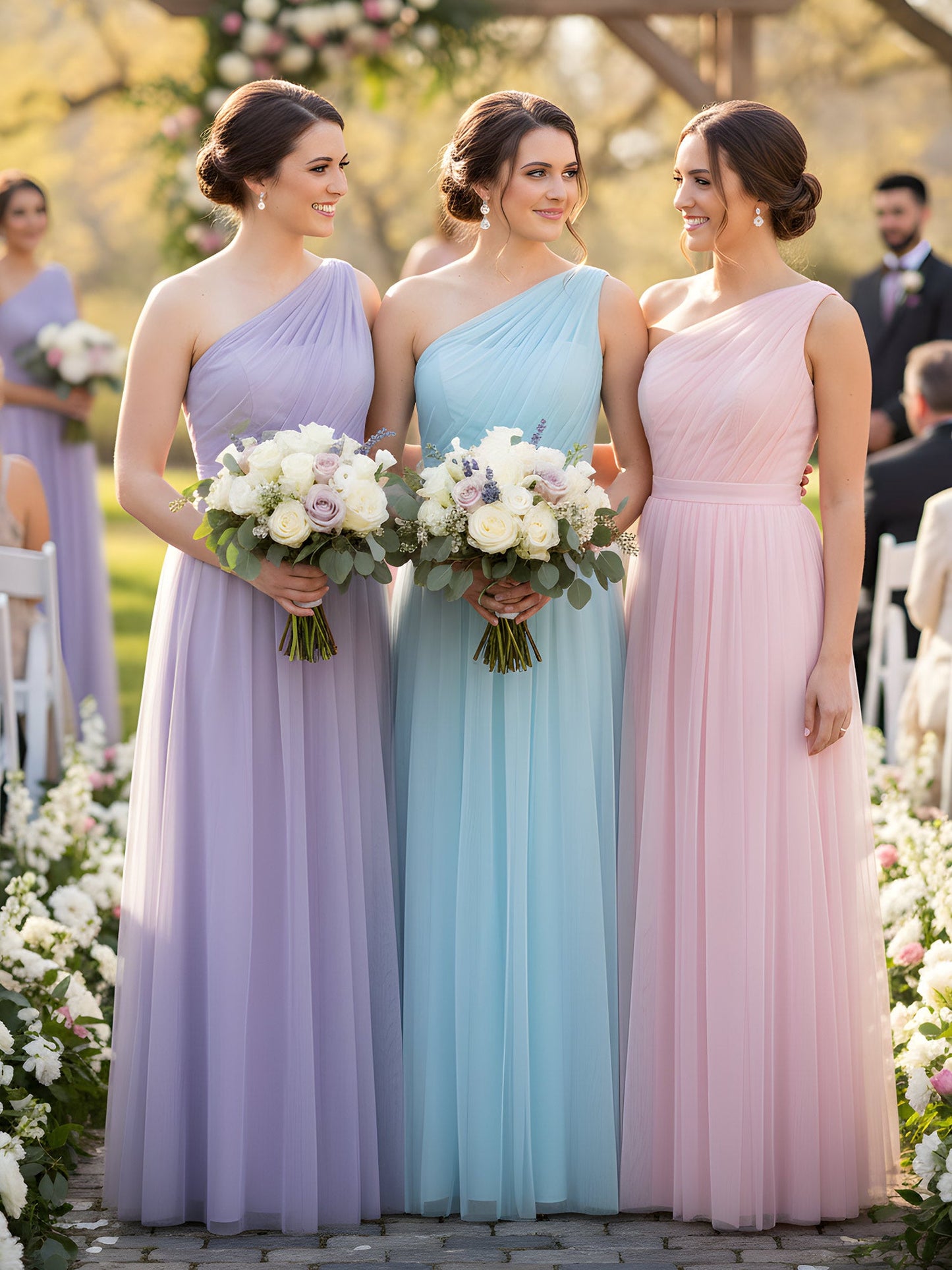 One Shoulder Mesh Wedding Party Bridesmaid Gown Rust