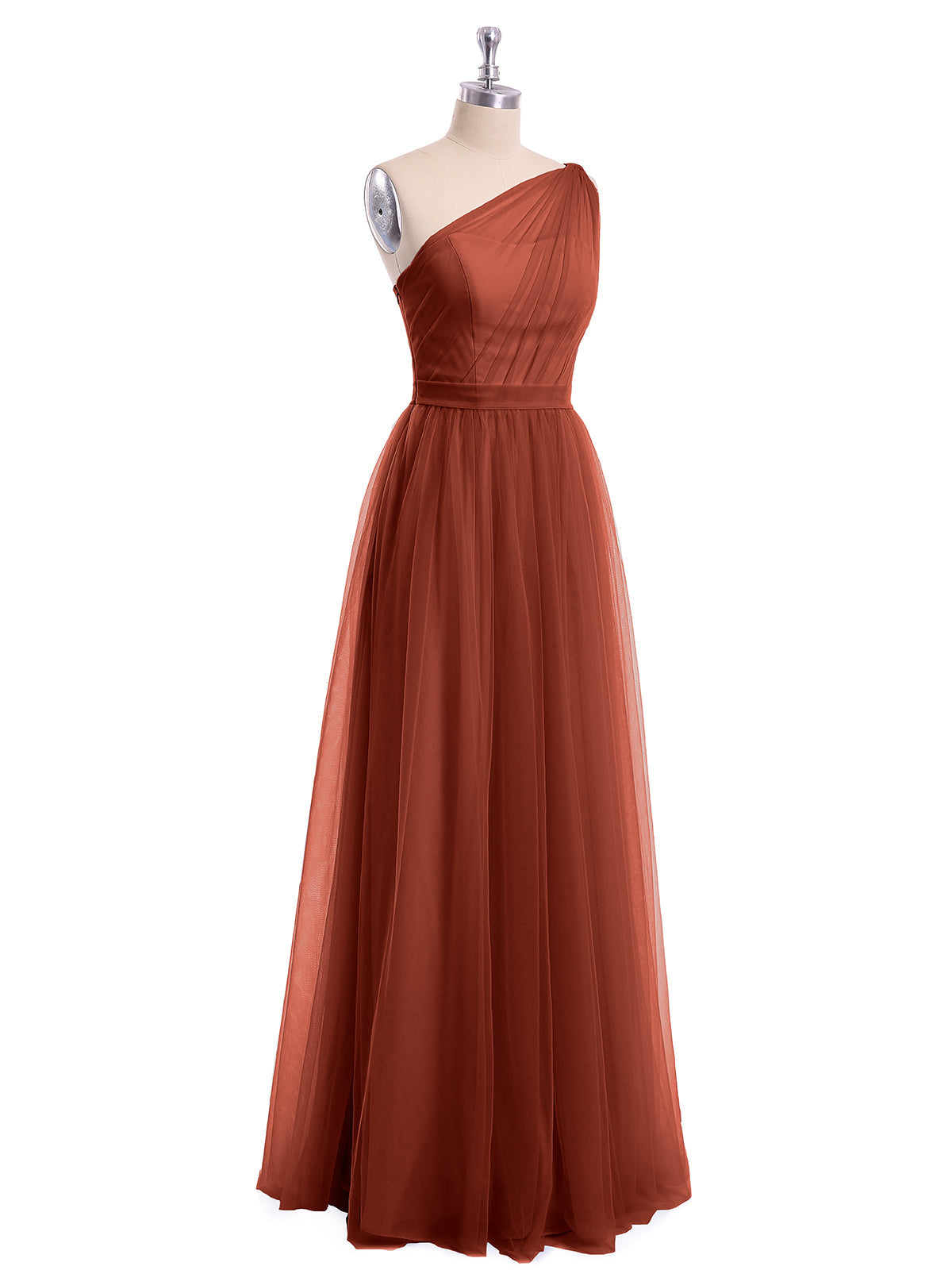 One Shoulder Mesh Wedding Party Bridesmaid Gown Rust