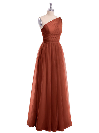 One Shoulder Mesh Wedding Party Bridesmaid Gown Rust