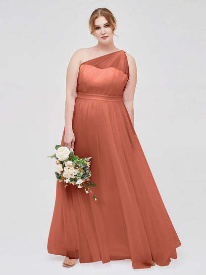 One Shoulder Mesh Wedding Party Bridesmaid Gown Rust