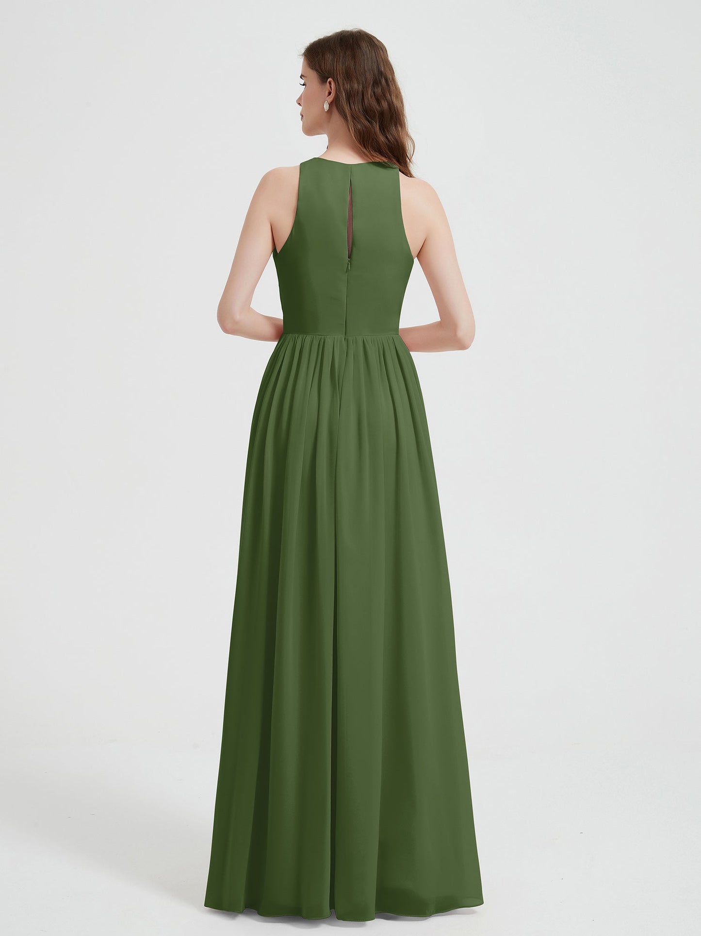 Halter Chiffon Simple Dress with Slit Moss