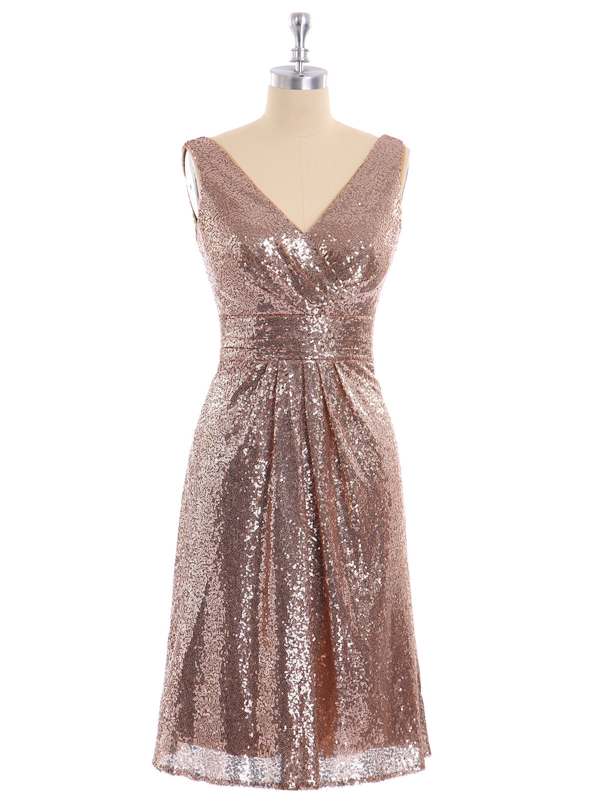 V neckline Short Sequins Lace Dress Metallic Gold