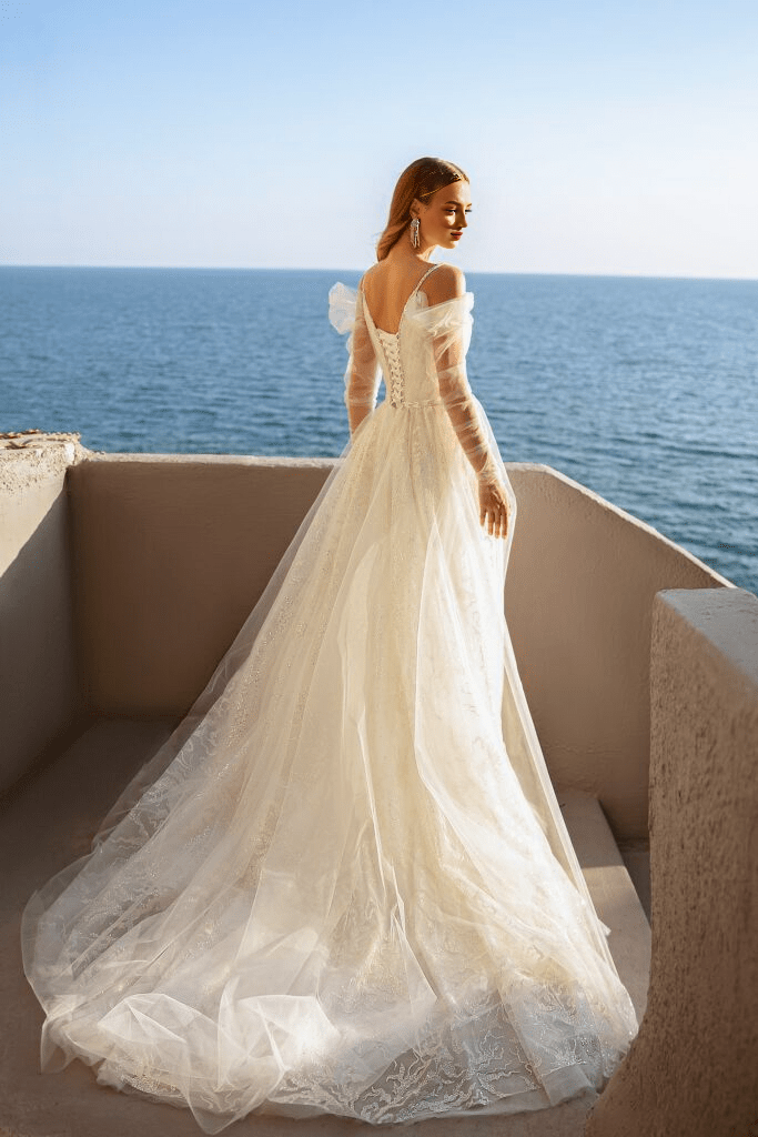 Sweetheart Neckline Wedding Dress with Sheer Sleeves Lace Corset Back Wedding Dress Sequin Ball Gown with