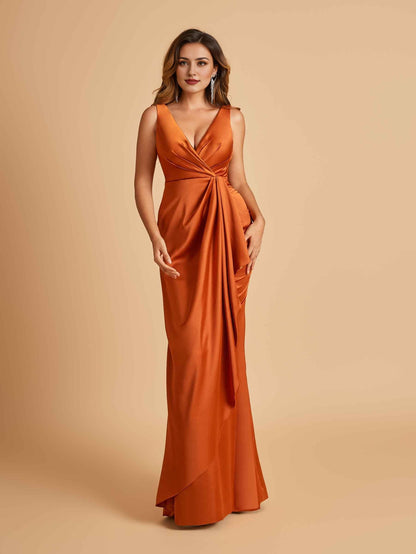 Sexy Satin Sheath V-neck Prom Dresses Strapless Floor Length