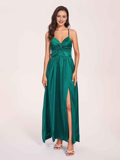 Satin Spaghetti Straps A-line Prom Dresses Side Slit Floor Length