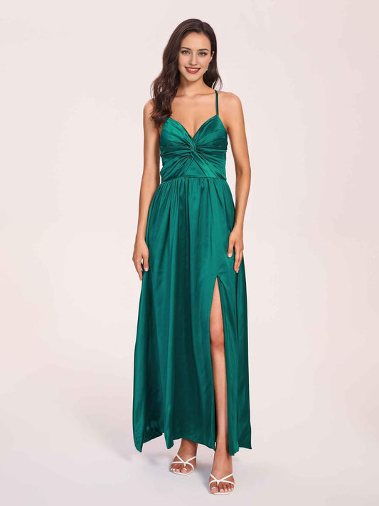 Satin Spaghetti Straps A-line Prom Dresses Side Slit Floor Length