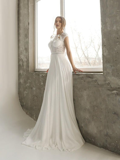 Simple and Elegant Wedding Dress Lace Chiffon Wedding Dress Short Sleeves Bridal Gown A-Line Wedding Dress Delicate Embroidery Dress