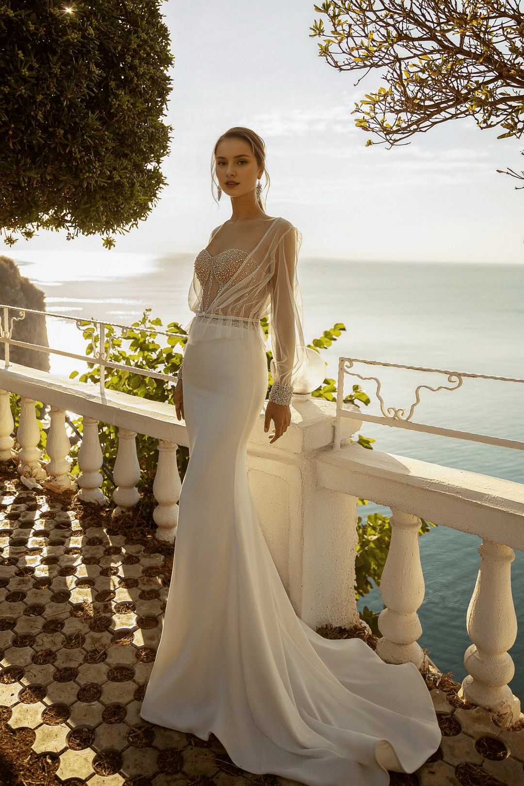 Sweetheart Neckline Wedding Dress Fitted Mermaid Wedding Gown Convertible Wedding Gown with Sheer Sleeves