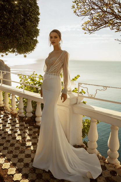 Sweetheart Neckline Wedding Dress Fitted Mermaid Wedding Gown Convertible Wedding Gown with Sheer Sleeves