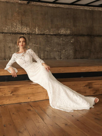 Mermaid Lace Wedding Dress For Women Open Back Wedding Dress Boho Style Wedding Gown with Train