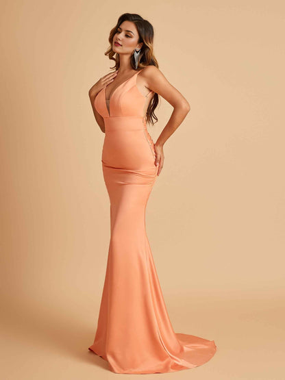 Satin Deep V-neck Mermaid Prom Dresses Open Back Floor Length