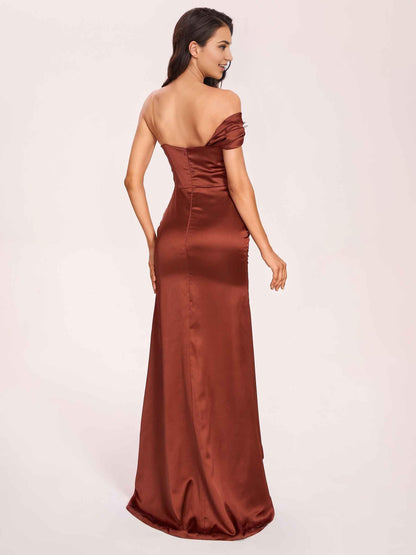 Satin One-shoulder Prom Dresses Pleats Floor Length Mermaid Long