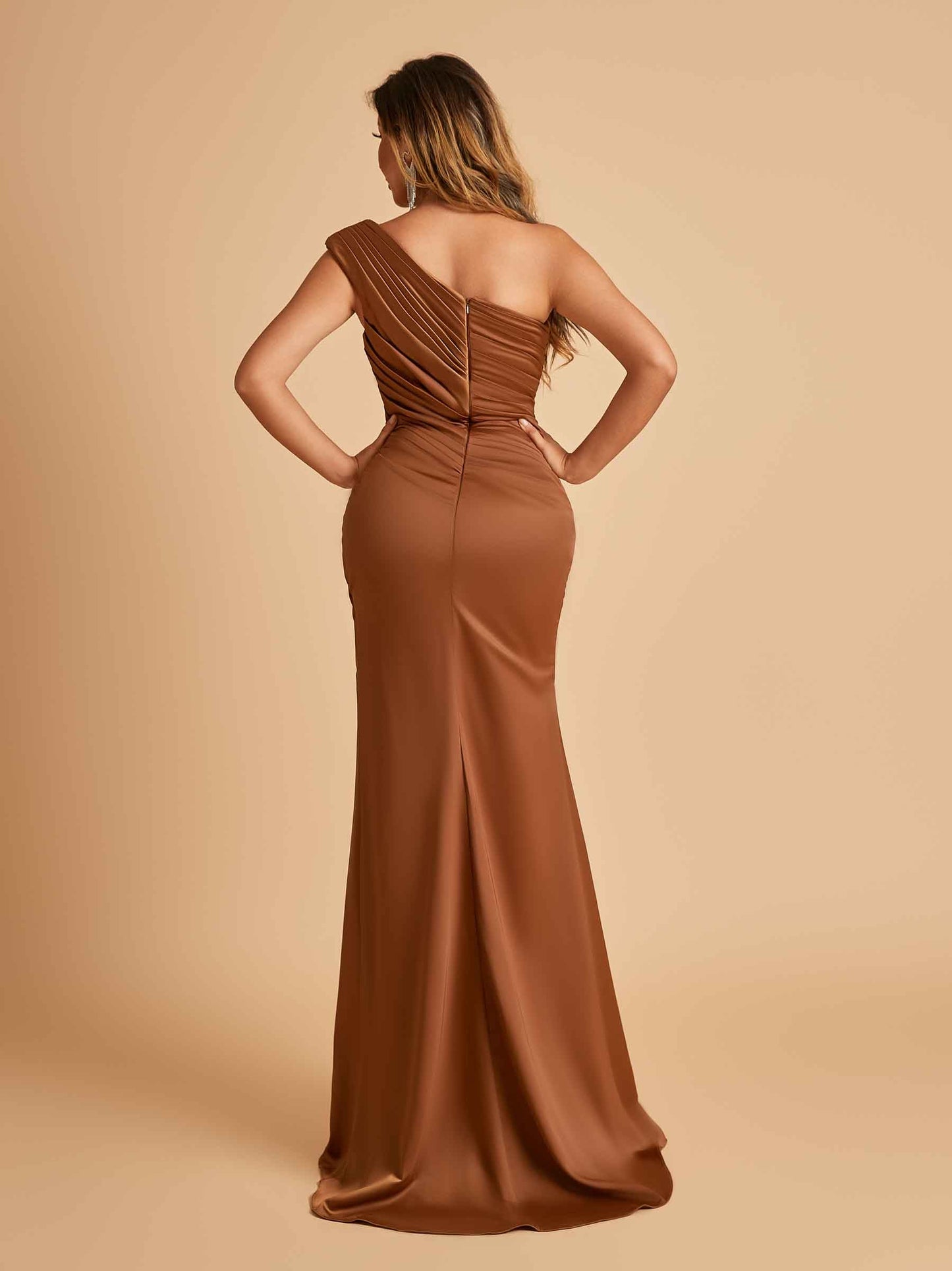 Satin One-shoulder Prom Dresses Mermaid Side Slit Sleeveless Floor Length