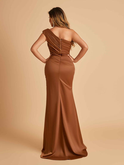 Satin One-shoulder Prom Dresses Mermaid Side Slit Sleeveless Floor Length
